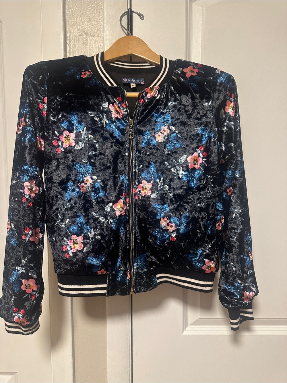 TRULY Black Floral Velvet Bomber Jacket